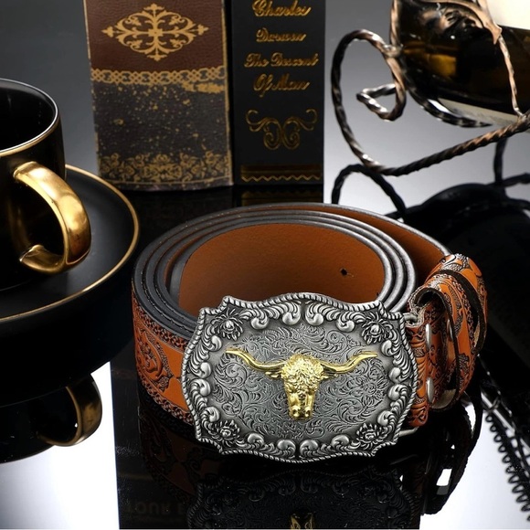 COPY - Western Leather Buckle Belts Cowboy Longhorn Bull Pattern - Picture 1 of 6